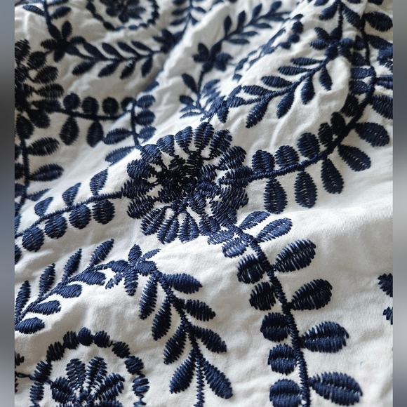 White And Navy Blue Embroidered Off The Shoulder Shorts Romper/ Jumpsuit - Picture 4 of 8